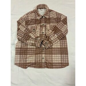 Workshop Women's M‎ Plaid Shacket Faux Leather Brown White Oversized Jacket